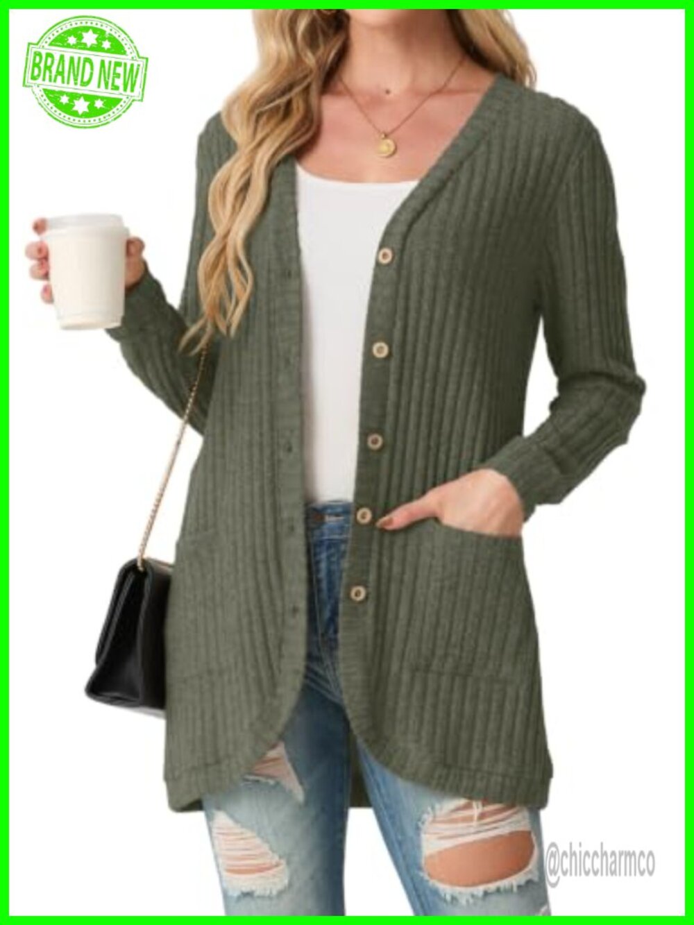 Womens Long Sleeve Button Front Cardigan with Pockets Lightweight Polyester